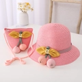 Pink straw sun hat and matching crossbody bag set with cherry and bow accents - Kids 54cm / Hat + Bag Set / Watermelon red