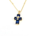 Hip hop style gold cross necklace featuring four square blue zircons on a gold chain - Dark Blue