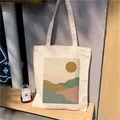Minimalist canvas tote bag with sun and mountain print on a wooden bench - C3-Beige Abstract Hills / No Zipper No Inner Pocket