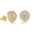 Hip hop style gold-plated round stud earrings with sparkling cubic zirconia and screw-back - Gold Luxury