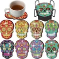 8-piece skull diamond painting coaster set with colorful Day of the Dead patterns and metal stand - Day of the Dead Colorful Skull Style (BD997)