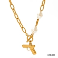 Golden OT clasp necklace with irregular pearls and a unique GANG pistol-shaped pendant - Gold