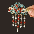 Detail of vintage Chinese hair clip with blue enamel, pearls, and golden tassels - F1377 Short Tassel