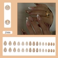 Unghie finte a mandorla corta con French bianca, rilievi dorati 3D e strass scintillanti - Z986 Luce Fluttuante Oro Saltellante (Tipo di Colla)