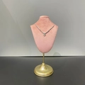 Elegant silver heart pendant necklace on pink velvet display stand with golden base - High Bust Neck Model Stand / Pink