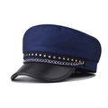 Detail of navy military hat featuring golden stars and silver chain on black leather brim - M (56-58cm) / Navy Blue