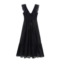 Elegantes schwarzes ärmelloses V-Ausschnitt Maxikleid mit Netzvolants und Bindegürtel - S / Schwarz