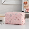Pink quilted makeup bag with cute bear pattern and floral design for travel storage - Pink Bunny