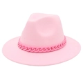 Elegant pink wide brim wool fedora hat featuring a stylish matching resin chain accessory - L(58-60cm) / Pink