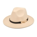 Elegant beige wool fedora hat with black band and gold buckle detail on white background - Beige
