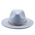 Detail of light blue wool felt fedora hat featuring a chunky gold metal chain band - Sky Blue