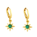 Detail of gold star drop earrings featuring a sparkling green center zircon stone - Green