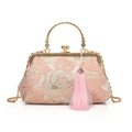 Vintage Jacquard-Handtasche mit Rosenstickerei, goldenem Griff und Quastenanhänger - Rosa