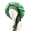 Detail of green satin sleep cap featuring pleated fabric and long elastic ribbons - Grass Green