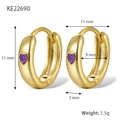 Golden heart-shaped hoop earrings with purple zircon stones, 11mm size, model KE22690 - Gold-Purple