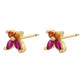 Detail shot of golden butterfly earrings with colorful round orange and marquise pink stones - Gold Rose Red & Orange Zircon