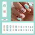 Short light blue floral press-on nails set with vintage flower patterns and R765 design - Fresh Floral Style (R765)