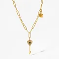 Golden heart key pendant necklace with sparkling zircons and vintage safety pin chain - Black Heart Key (KCD881)