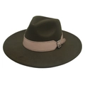 Detail of deep olive green wool fedora hat featuring a beige leather band and silver buckle - Army Green