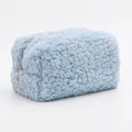 Portable light blue fuzzy fleece cosmetic bag with zipper for travel toiletries - Blue Plush