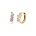 Close-up of golden huggie hoop earrings featuring three diagonal purple rectangle zircons - Gold with Three Baguette Purple Zirconia
