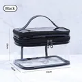Black double-layer waterproof PVC toiletry bag with top handle and dual zipper design - 22x15x15cm / Black
