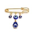 Golden safety pin brooch with blue evil eye beads and Hamsa hand charm pendant - Pin with Gold Hamsa and Multiple Blue Evil Eyes