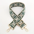 Detail of green and white geometric jacquard woven bag strap with gold metal hooks - White Dark Green Floral