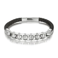 Bracciale da uomo in pelle nera intrecciata con perline in acciaio inox argento - 21.5cm / Color Acciaio