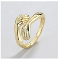 Detailed macro shot of golden hugging hands design on a minimalist metallic ring - Style 007 / Gold