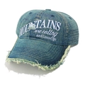 Detail of washed denim baseball cap with mountain embroidery and distressed brim edges - M (56-58cm) / Green