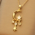 Elegant gold celestial necklace featuring a crescent moon with stars and shell inlay - 77#XL2159-5