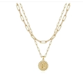 Double-layer gold paperclip chain necklace featuring a circular letter F pendant charm - Letter-F