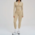 Women's nude feel khaki yoga set with zipper jacket and cross waist leggings - S / Top And Bottom / Light Camel