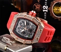 Luxury rose gold diamond tonneau watch with skeleton dial and vibrant red silicone strap - Black Dial Rose Gold Case Red Strap