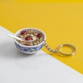 PVC miniature red bean dessert bowl keychain with blue floral pattern and metal ring - No.37 Barley and Red Date Porridge (Model)
