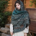 Bohemian paisley oversized shawl with black fringe in dark green and brown tones - Dark Green Paisley Ethnic Shawl