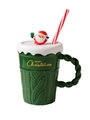 Green Christmas tree ceramic mug with sweater texture, white lid and Santa Claus topper - Santa Claus Lid / Green