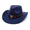 Navy blue wool felt cowboy hat featuring bronze leopard head chain and curved brim - M (56-58cm) / Navy Blue