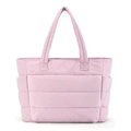 Close-up of pink quilted nylon tote bag showing soft stitched texture and dual handles - Pink