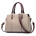 Borsa minimalista beige con manici bordeaux e tracolla regolabile per donna elegante - Cachi