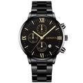 Detail showing Geneva black stainless steel watch face with golden Roman numerals and date - Black Band Black Dial Gold Markers (2)