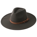 Deep olive green wide brim wool felt fedora hat with brown leather band and buckle - Adult 58cm One Size / Army Green