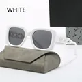 Stylish white square frame sunglasses with woven temples and a gray case on display - White
