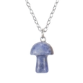 Close-up of 2cm natural blue stone mushroom pendant on a delicate silver metal chain - Blue Sodalite