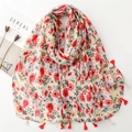 Floral print summer shawl in warm white with bright flowers and fringe trim edges - 180*88cm / Pink Floral Print (SL2405-008)