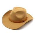 Detail of camel wool felt cowboy hat featuring embossed brown leather band and buckle - Camel