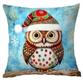 Close-up of Christmas owl pillowcase with festive watercolor art and blue snowflakes - Pattern 12 / 45*45cm Short Plush Single Sided Without Core
