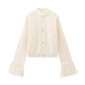 Chic off-white knit cardigan with faux feather cuffs and silver metal buttons - S / Beige
