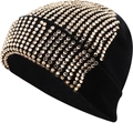 Bonnet en maille côtelée noire avec strass dorés champagne, vue latérale à 45 degrés - Noir / Strass Or Champagne